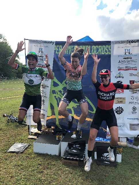 2019 Cooper River Cross Women's Elite Podium takes flight. Stacey Barbossa was second, Kathryn Cumming won, Taylor Kuyk-White was 3rd.