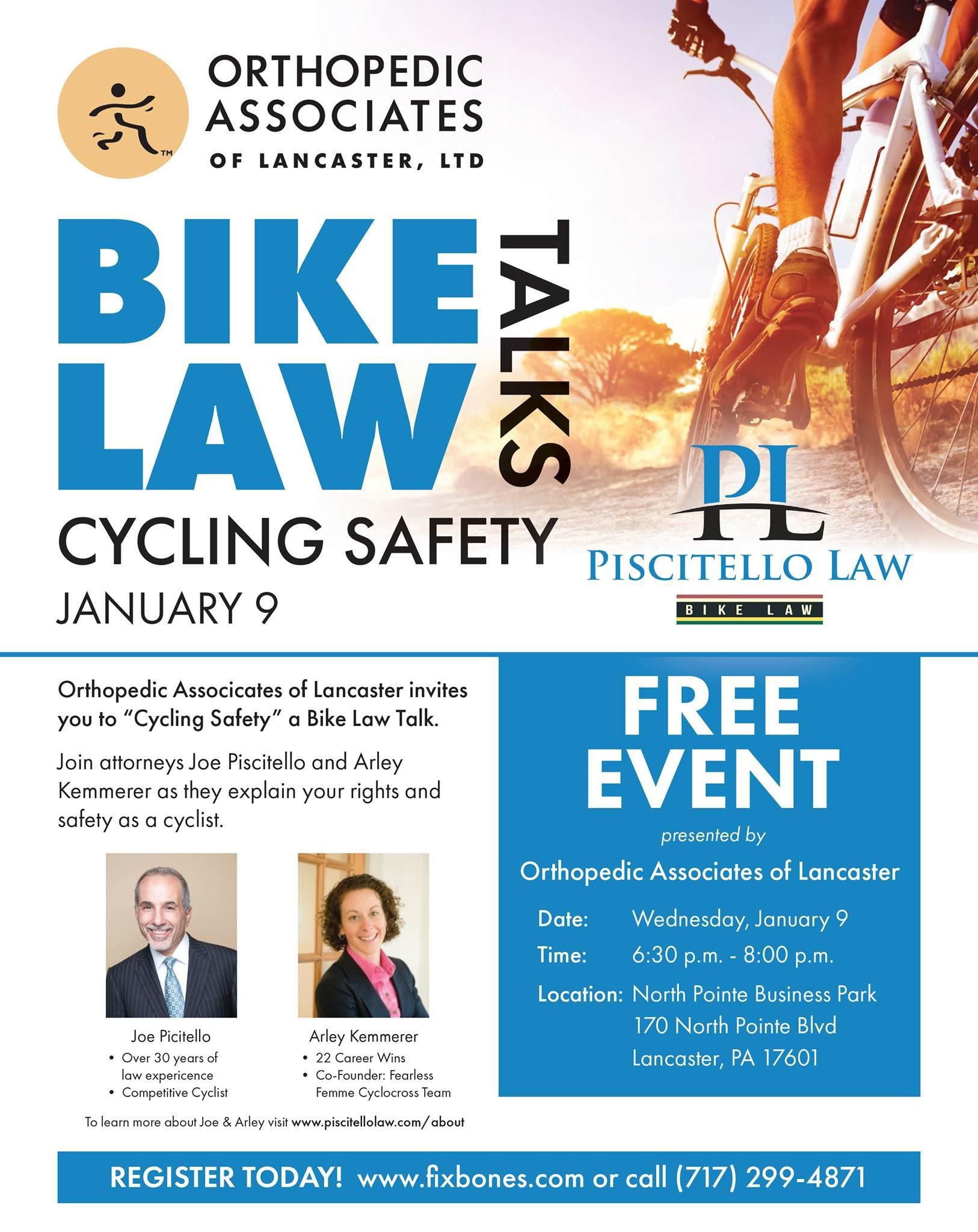 Flyer for Bike Law Talk presented by @PiscitelloLaw, hosted by @Orthopedic Associates of Lancaster