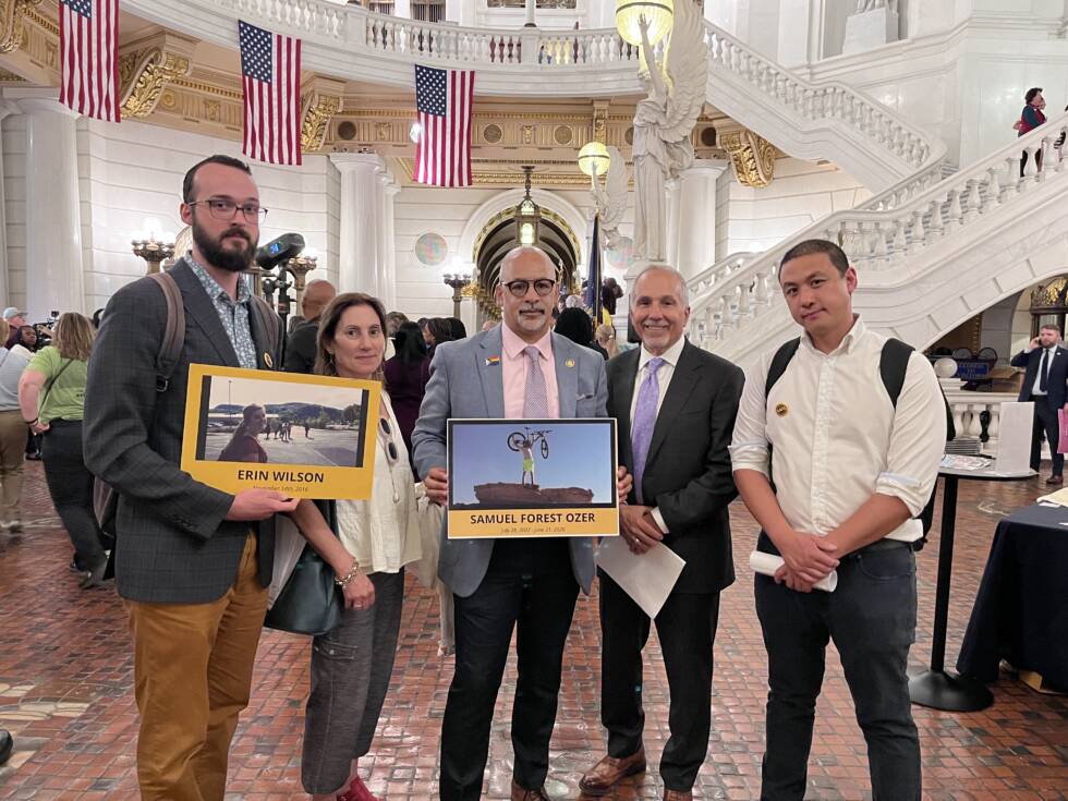 Marissa Perrone & Joe Piscitello stand with PA State Representative Chris Raab, and 5th Square Advocates