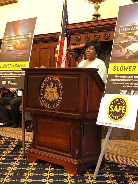Co-Founder of FFSSP, Latanya Bird advocates for Safer Streets through speed Camera Legislation (City Hall, Philadelphia 2019)