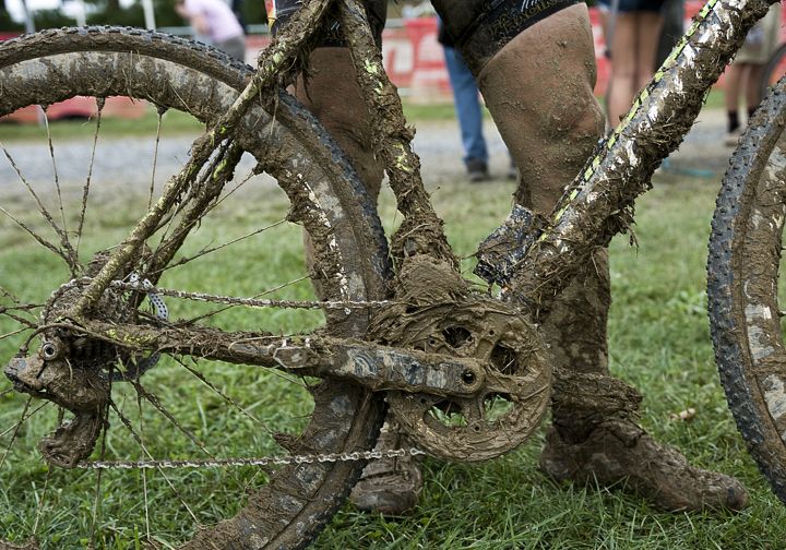 close-up of a muddy bike's back wheel and pedals