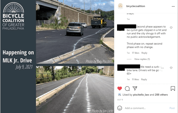 Bicycle Coalition of Greater Philadelphia Instagram post with comments